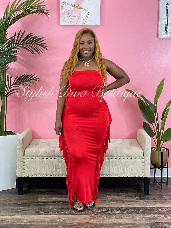 Special Discounts Inside!Feeling Fringy Maxi Dress (Red)
