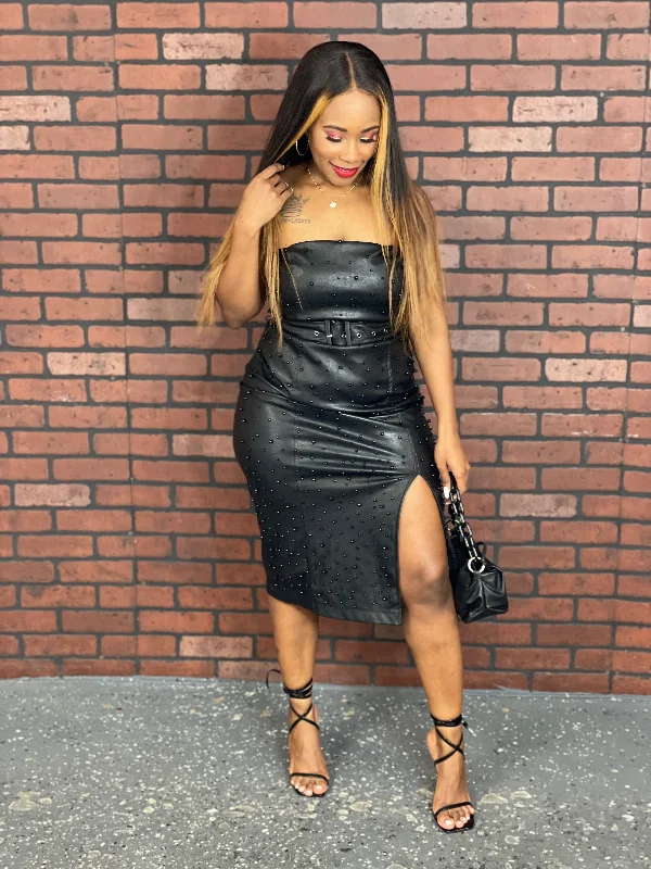 Get It Before It’s Gone!First Impression Beaded Leather Midi Dress (Black)