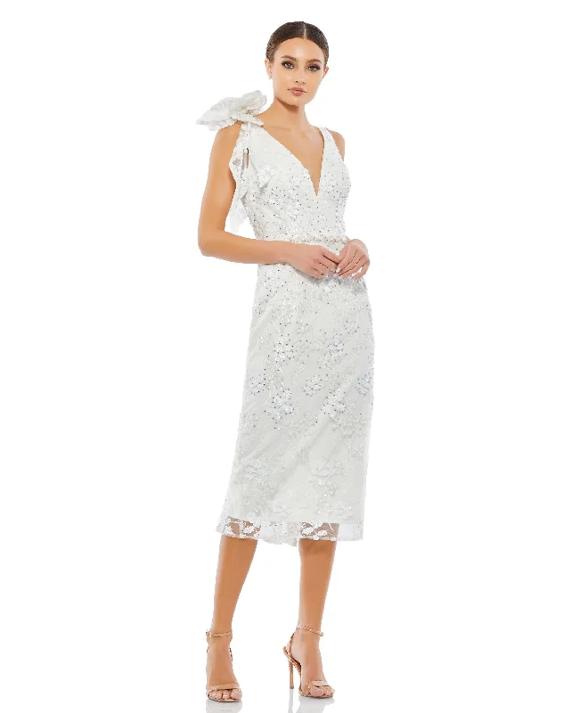 Exclusive Savings This Week!Floral Embellished V-neck Midi Dress with Shoulder Bow