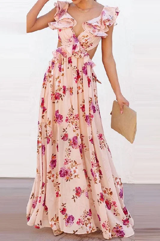 Get More for Less!Floral Print Elegant Ruffle Tie Back Maxi Dress