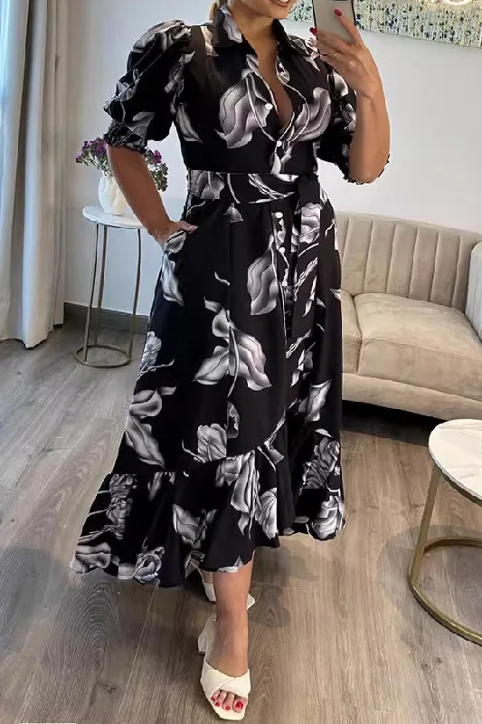 Shop Early, Save Big!Floral Print Puff Sleeve Elegant Lace-Up Ruffled Maxi Dress