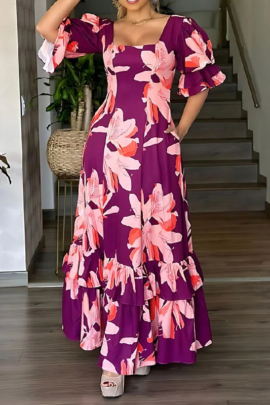 Your Favorite Sale is Back!Floral Print Puff Sleeve Glamorous Tiered Ruffles Maxi Dress