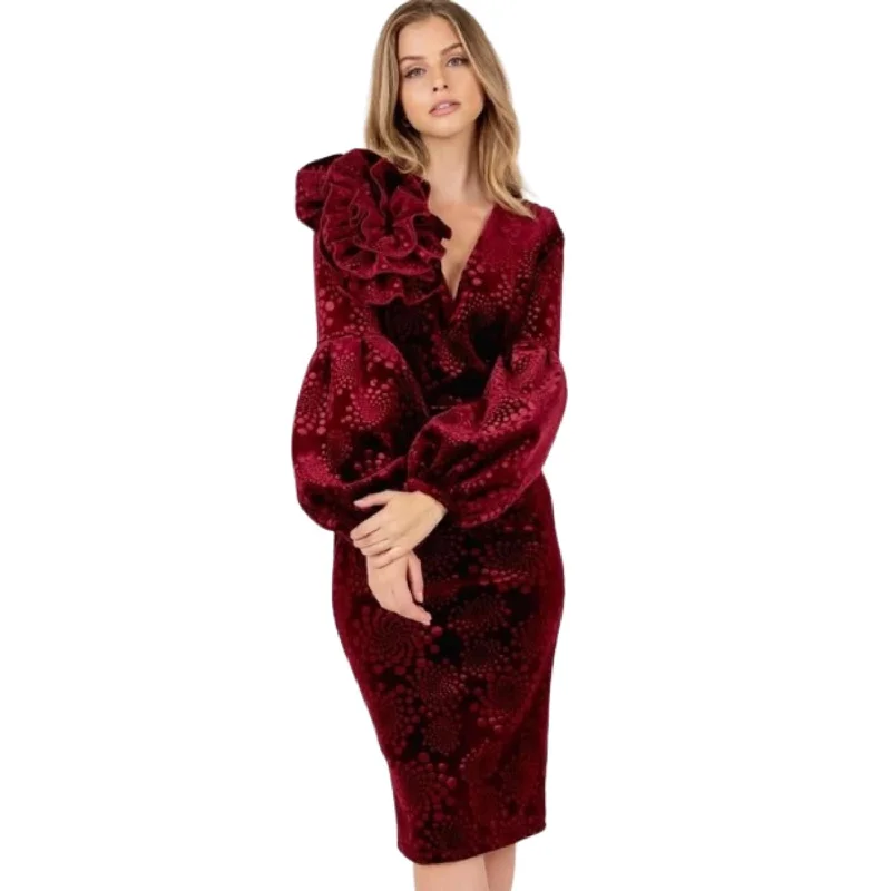Price Drop Alert!Flower Patch Flocked Velvet Fitted Midi Dress With Puff Sleeves