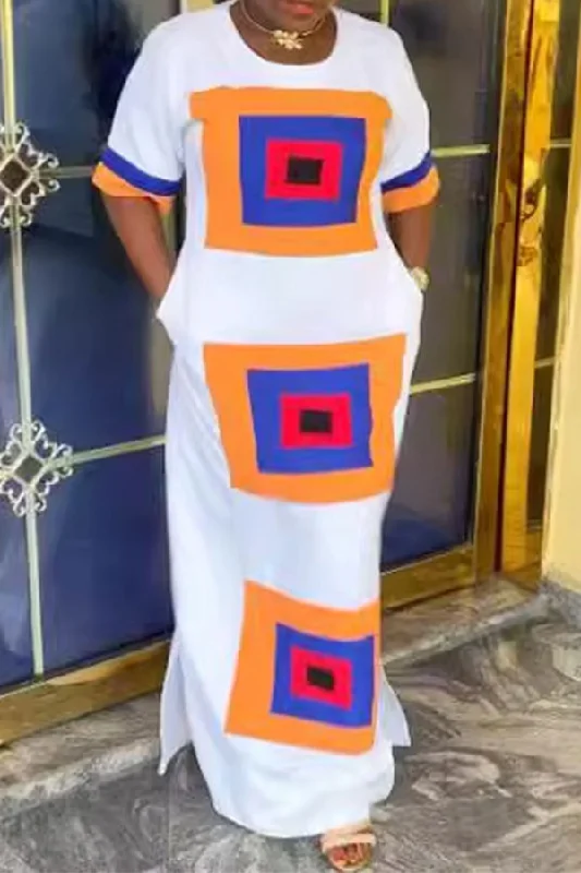 Best Price of the Season!Geometric Print Round Neck Casual Side Slit Maxi Dress