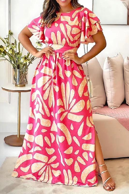 Hurry, Sale Ends Soon!Graphic Print Ruffle Sleeve Urban Belted Side Slit Maxi Dress