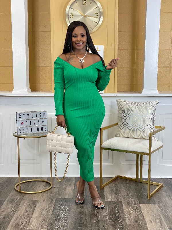 Mega Sale Happening Now!Kelli Off Shoulder Knit Midi Dress (Green)