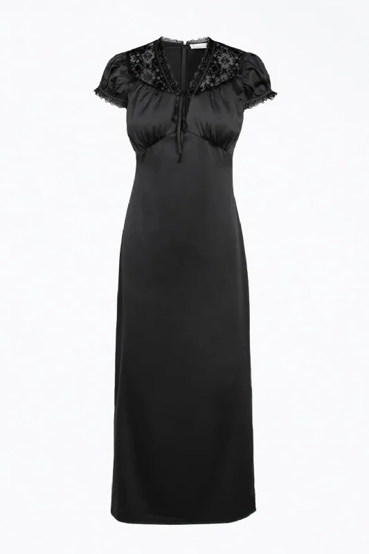 The Best Sale of the Year!Lace-Trimmed Satin Midi Dress In Black