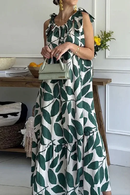 Huge Savings – Act Now!Leaf Print Tropical Tie Shoulder Ruffles Maxi Dress