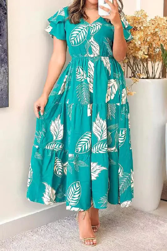 Instant Savings Await!Leaf Print Urban Ruffle Sleeve Tiered Maxi Dress