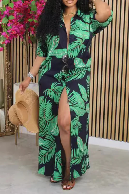 Seasonal Sale – Shop Now!Leaf Print Wild Casual Wear Shirt Collar Maxi Dress