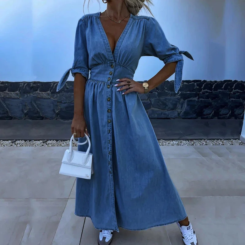 Exclusive Offers You’ll Love!Sexy Denim Maxi Dress with Split and V-Neck