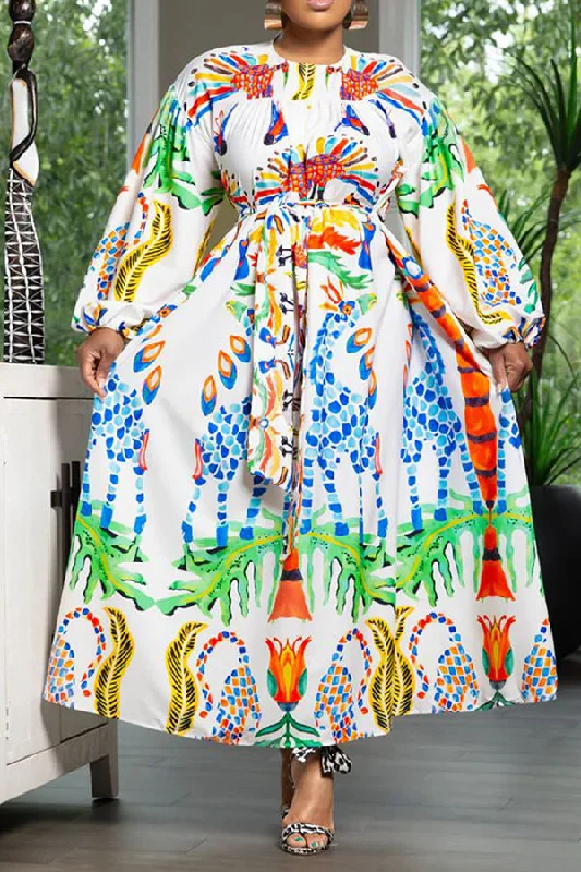 Find the Best Deals Here!Multicolor Tribal Print Retro Belted A-Line Maxi Dress