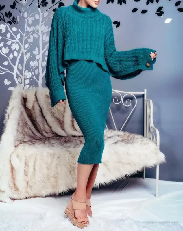 Amazing Prices You Can’t Resist!Ribbed Midi Dress And Turtleneck Sweater Set in Teal
