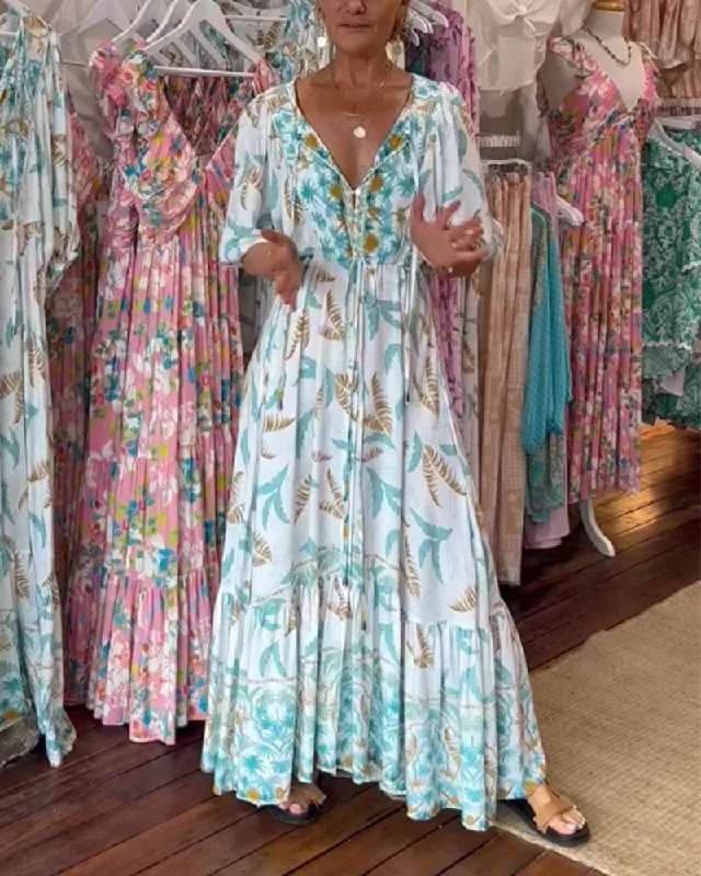 Shop More, Spend Less!Long Maxi Dress with V-Neck and Leaf Print