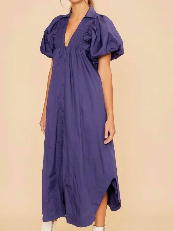 Get It Before It’s Gone!Smock Detail V Neck Puff Sleeve Midi Dress In Periwinkle