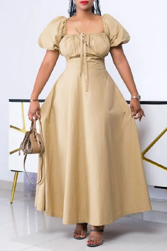 Exclusive Offers You’ll Love!Solid Color Retro Square Collar Lace-Up Maxi Dress