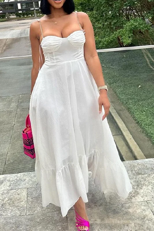 Crazy Discounts Inside!Solid Color Smart Ruffle Lace-Up Maxi Dress