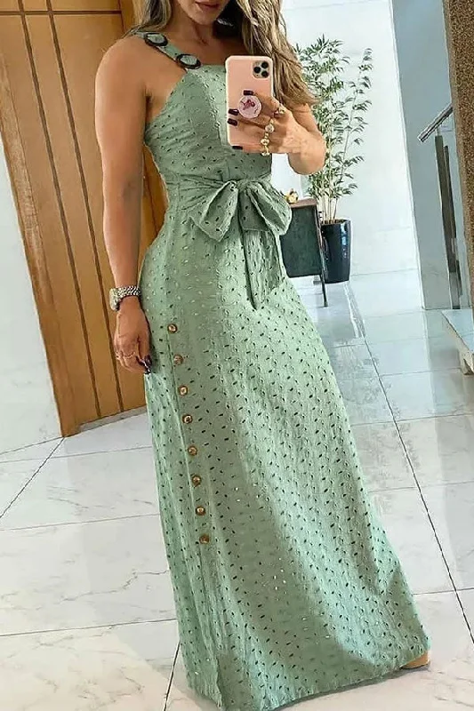 Your Dream Deal is Here!Solid Color Unique O-ring Design Multi-Button Bowknot Maxi Dress