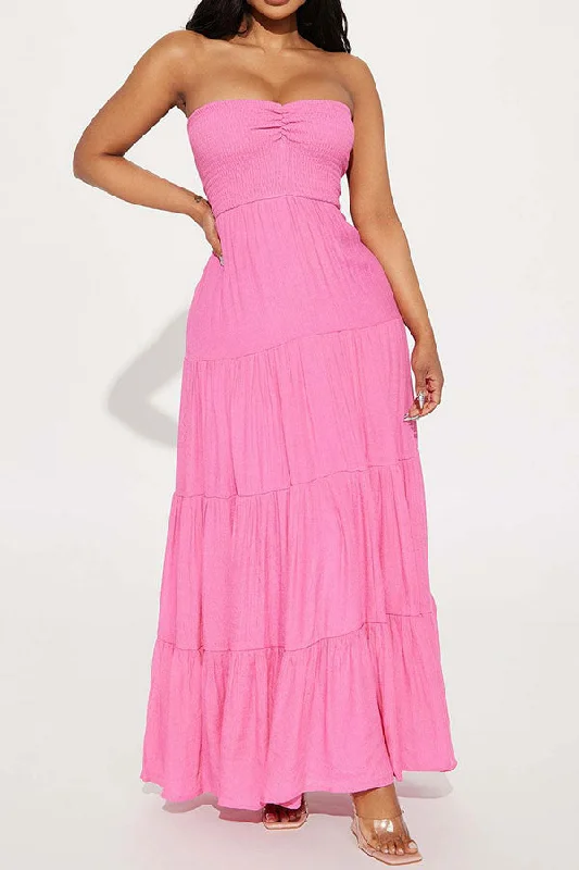 Save More When You Shop More!Solid Color Unique Tiered Ruffle Bandeau Strap Shirred Maxi Dress