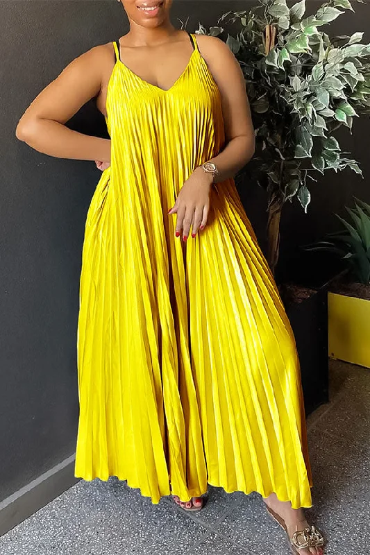 Best Deals Just for You!Solid Color V Neck Relaxed Pleated Maxi Dress