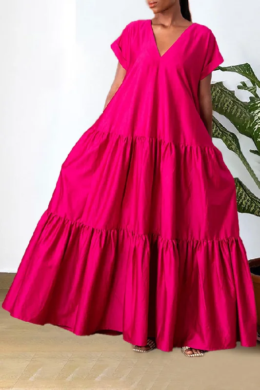 Amazing Prices You Can’t Resist!Solid Color V Neck Relaxed Tiered Maxi Dress