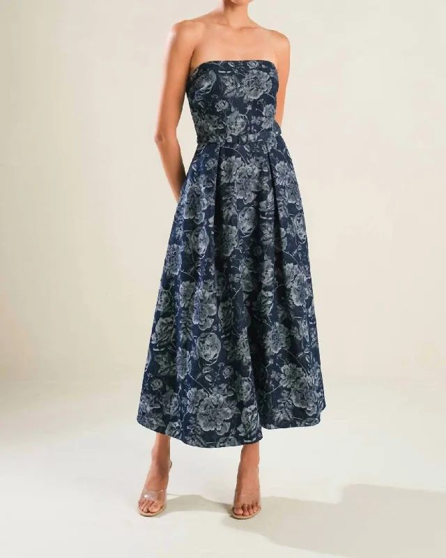 Shop Before It’s Gone!Strapless Jacquard Midi Dress In Denim