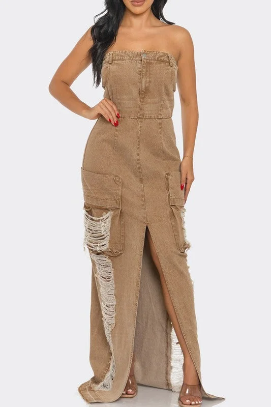 Unmissable Offers Await!Vintage Washed Distressed Cargo Maxi Dress