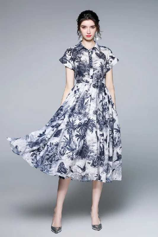 Score Big Savings Today!White & Inky Print Day A-line Shirt Colar Short Sleeve Maxi Dress