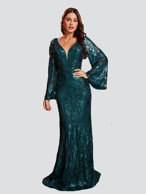 Enjoy Huge Discounts Now!Backless Bell Sleeve Sequin Evening Dress RJ10459