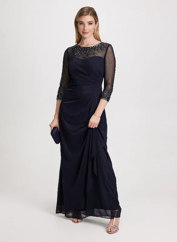 Upgrade for Less!Beaded-Neck Long Flounce Dress