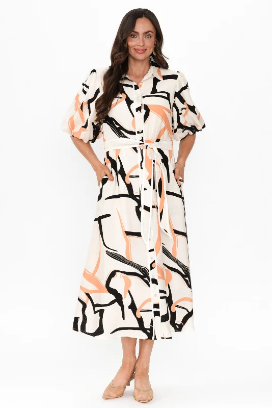 Save More Than Ever!Bimini Cream Geo Cotton Blend Dress