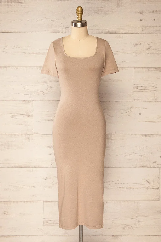Bigger Savings, Better Shopping!Bogota Taupe | Short Sleeve Midi Dress w/ Square Neckline