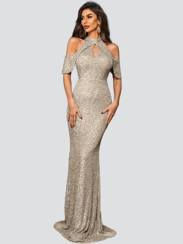 Limited Edition, Limited Price!Cold Shoulder Mermaid Cutout Sequin Dress XH1696