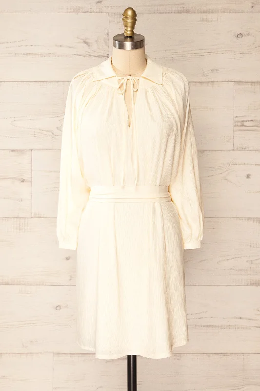 More Discounts, More Joy!Djibouti | Short Beige Pleated Dress w/ Long Sleeves