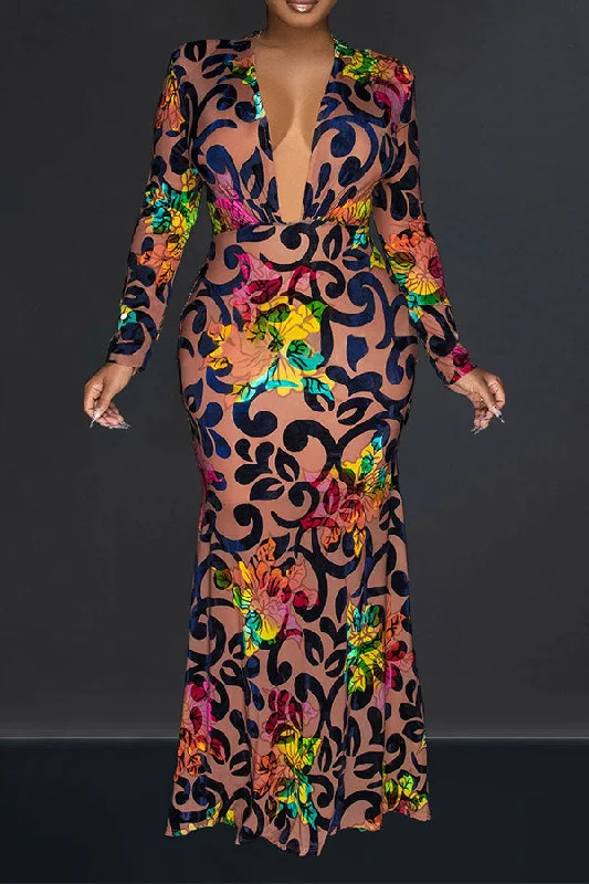 Time to Snag a Bargain!Floral Print Retro Deep V Neck Maxi Dress