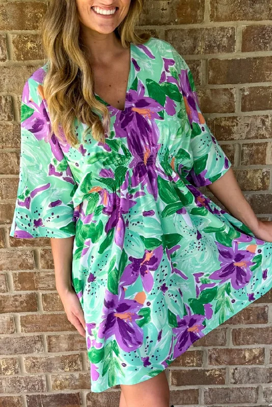 Seasonal Sale – Shop Now!Floral 3/4 Sleeve V-Neck Mini Dress