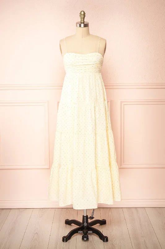Mega Sale Happening Now!Hella | Tiered Beige Midi Dress w/ Polka Dots