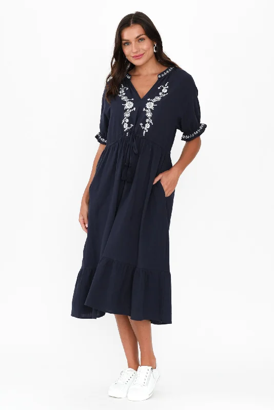 One Click Away from Big Savings!Jura Navy Cotton Embroidered Dress