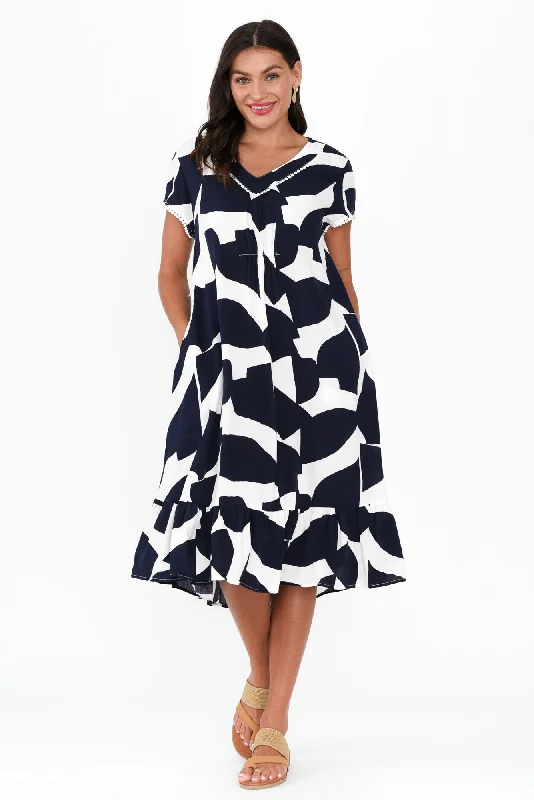 Price Drop Alert!Karlie Navy Abstract V Neck Dress