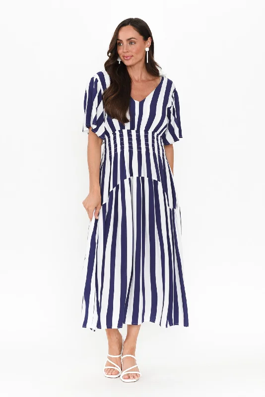 The Best Sale of the Year!Louisa Blue Stripe Shirred Dress
