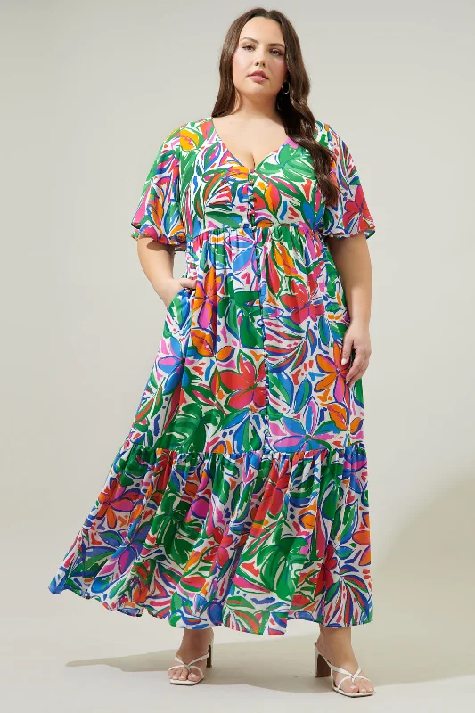 Save Up to 50% Off!Paradise Falls Pismo Button Down Flutter Maxi Dress Curve