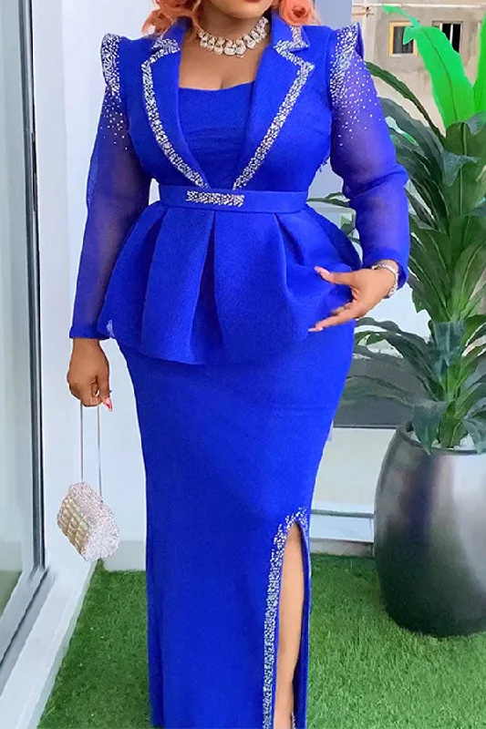 Upgrade for Less!Patchwork Rhinestone Feminine Peplum Side Slit Maxi Dress