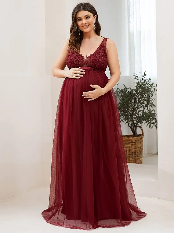 Biggest Sale of the Season!Plus Size Double V-Neck Lace Bodice Long Flowy Maternity Dress