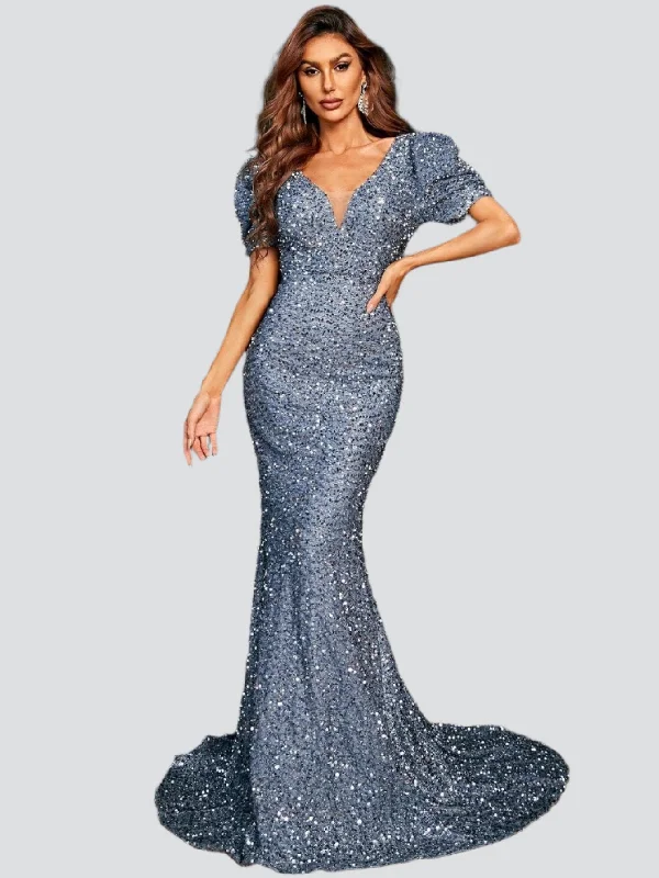 Get More for Less!Puff Sleeve Floor Length Sequin Prom Dress XJ901