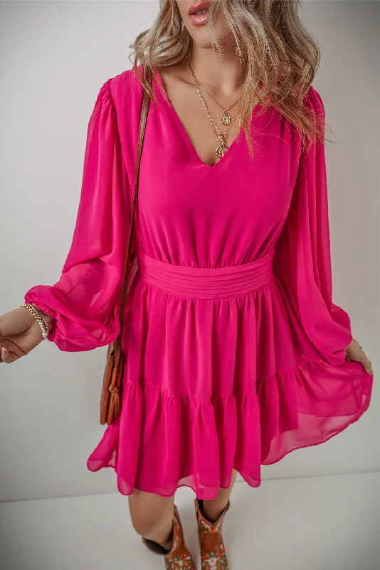 New Discounts Just Dropped!Pleated Puff Sleeve V-Neck Dress
