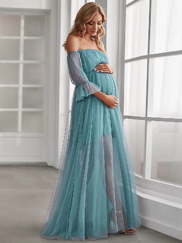Shop Smart, Save Big!Sheer Off-Shoulder Double Skirt Maxi Maternity Dress