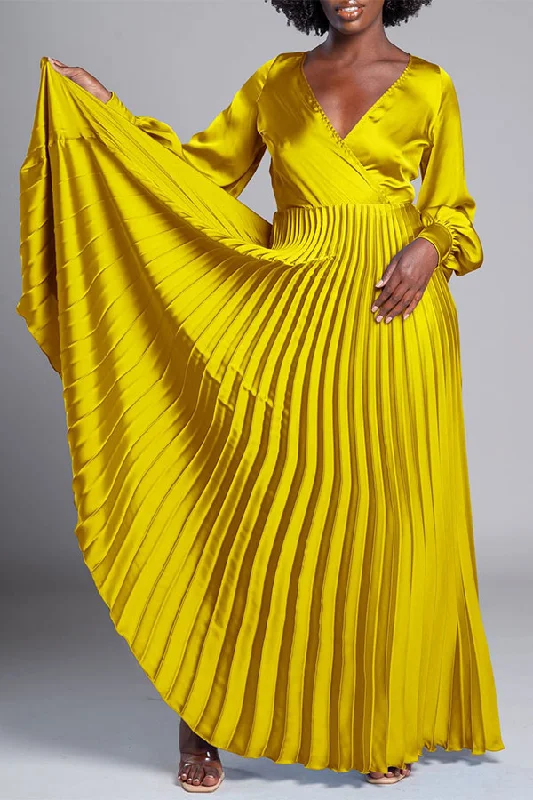 Amazing Prices You Can’t Resist!Solid Color V Neck Urban Pleated Maxi Dress