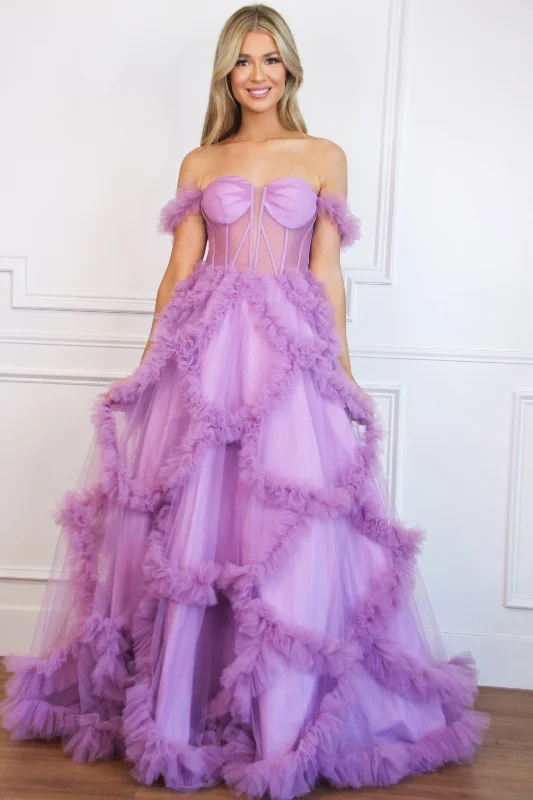 The Sale You’ve Been Waiting For!Speak Now Off Shoulder Bustier Ruffle Formal Dress: Lavender