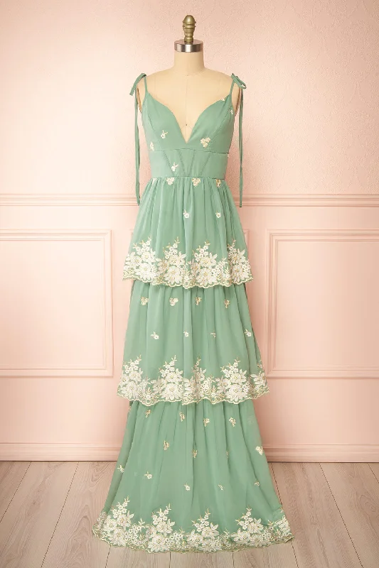 Limited Time Offer!Taliana Sage | Chiffon Maxi Dress w/ Floral Embroidery
