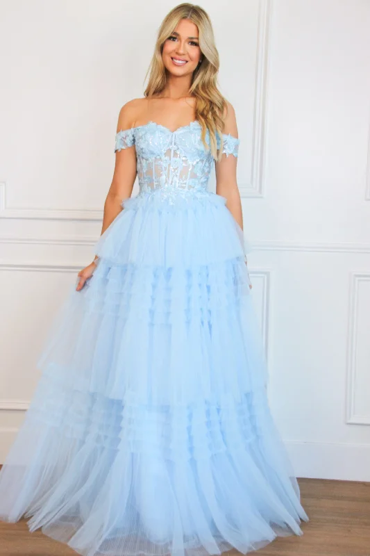 Score Big Savings Today!Vienna Sparkly Lace Bustier Tulle Ruffle Formal Dress: Light Blue